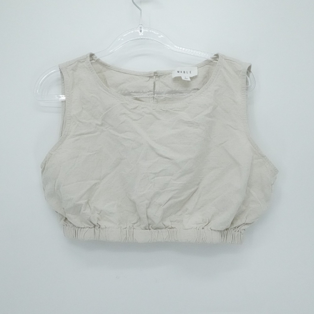 Mable‎ Top Womens Large Beige Cropped Linen Blend Sleeveless Elastic Waist Boho